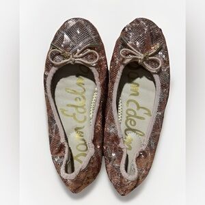 Sam Edelman Felicia Sequins Pink Rose Gold Ballet Flats Girls Size 3 Shoes  Bow